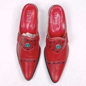 Franco Sarto Red Pointed Toe Leather Mules with Turquoise Accent